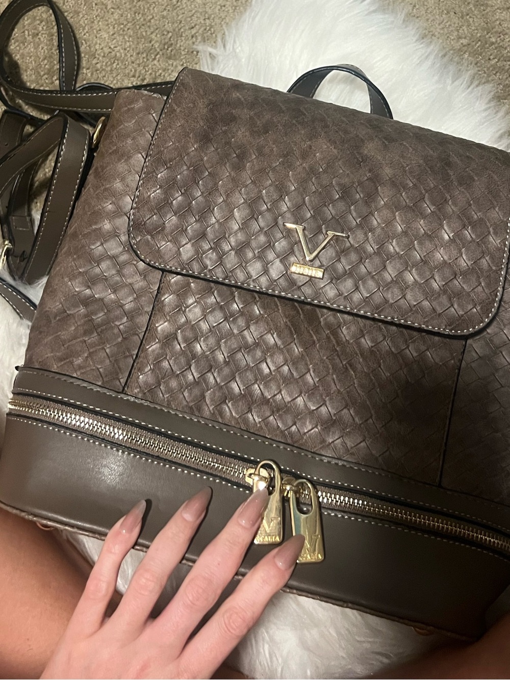 Versace Italia Woven Leather-Style Backpack with Gold Accents - Brown. Brand new